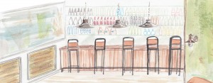 Drawing of stools at Bayou Bar in New Orleans