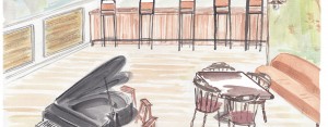 Drawing of the bar, seating, and a piano at Bayou Bar in New Orleans