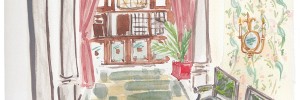 Watercolor sketch of the lobby at our uptown New Orleans hotel