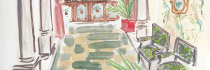 Watercolor sketch of green decor in the lobby of our Garden District hotel