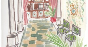 Watercolor of the lobby at The Pontchartrain Hotel in New Orleans