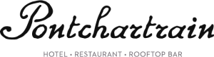 Pontchartrain large logo in black with hotel, restaurant, and rooftop bar listed below